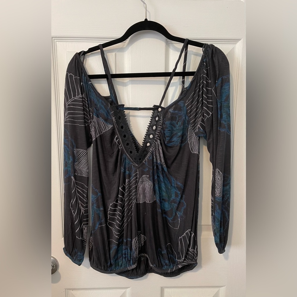 💃 FREE PEOPLE Adelia Deep Emera Leaf Print Cold Shoulder Top Size XS NWT